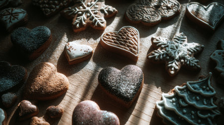 Beautifully decorated cookies in various shapes ready for a festive celebration during winter festivitiesの素材