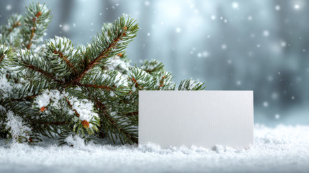 Snowy pine branch with blank card resting in soft snow under falling snowflakesの素材