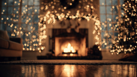 Cozy fireplace with glowing lights and decorated Christmas tree in a warm living roomの素材