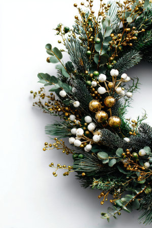 Beautifully crafted evergreen wreath with golden berries and white accents for festive decorationの素材
