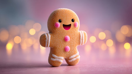 Fun, smiling gingerbread cookie standing on a pink surface with soft glowing lights in the backgroundの素材