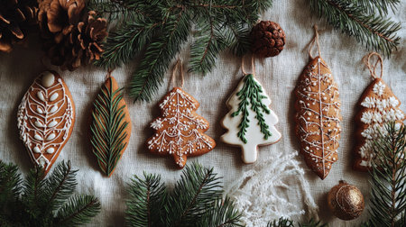Festively decorated gingerbread cookies arranged on a textured cloth with pine branches and pineconesの素材