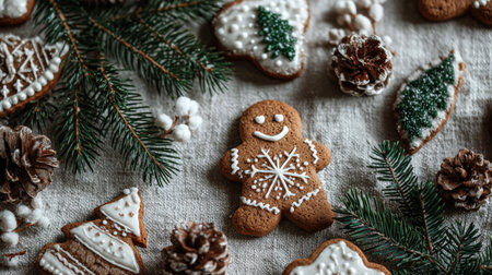 Holiday gingerbread cookies displayed with pine branches and winter decorations for a festive vibeの素材