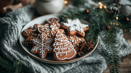 Delicious gingerbread cookies decorated for the holiday season displayed on a cozy festive tableの素材