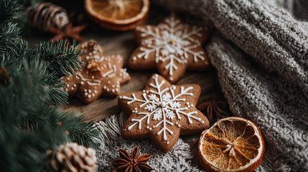 Delicious gingerbread snowflake cookies with spices and festive decorations during winter holiday seasonの素材