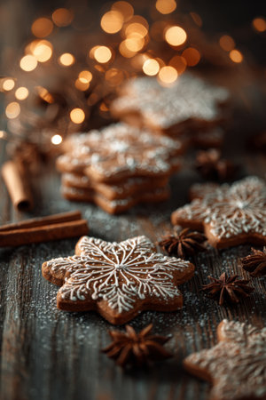 Decoratively iced gingerbread cookies surrounded by festive lights and spices in a cozy settingの素材