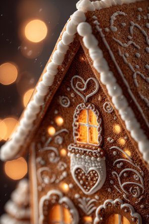 Beautiful gingerbread house with intricate designs glowing warmly against a festive background of lightsの素材