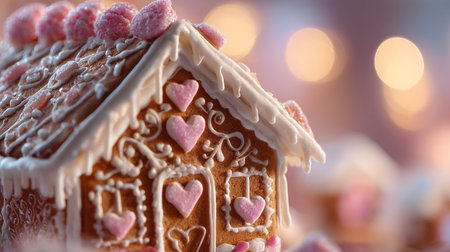 Gingerbread house decorated with pink hearts and frosting during the festive seasonの素材