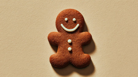 Delightful gingerbread cookie with a smiling face on a simple background ready for the holiday seasonの素材