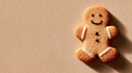 Delightful gingerbread cookie with a smiling face on a beige backgroundの素材