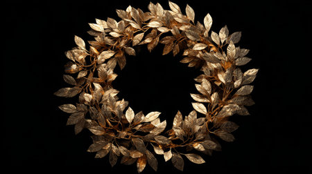 Golden leaf wreath resting on a dark background for elegant home decor and celebrationの素材