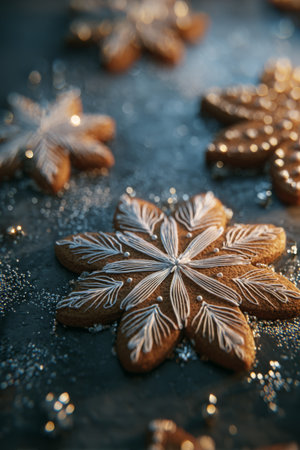 Frosted snowflake cookies placed on a dark surface with sugar sprinkles for a festive celebrationの素材