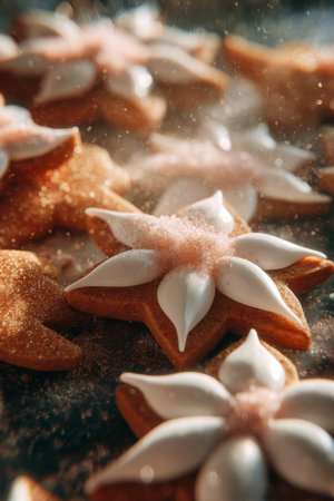 Festive star-shaped cookies decorated with white frosting and colorful sprinkles on a kitchen counterの素材