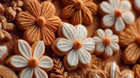 Beautifully crafted flower-shaped cookies displayed on a rustic wooden surface with intricate details and vibrant colorsの素材
