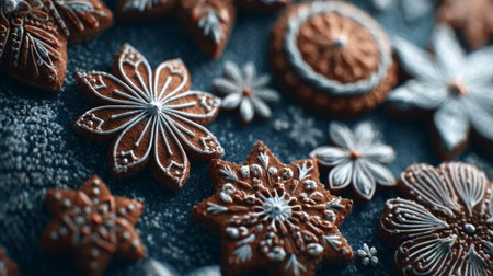 Beautifully decorated gingerbread cookies arranged on a snowy surface ready for holiday festivities and celebrationsの素材
