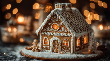 Gingerbread house decorated with icing and lights during the holiday seasonの素材