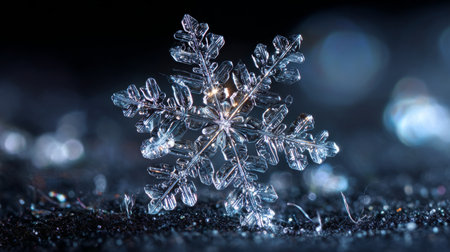Beautiful detailed snowflake resting on dark surface illuminated by soft light in winter atmosphereの素材