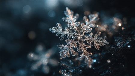 Snowflake close-up revealing intricate details on a cold winter evening in a serene outdoor settingの素材