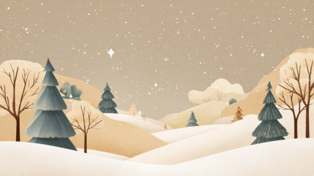 Snowy landscape with trees, hills, and falling snow during winter season in a calm, serene environmentの素材