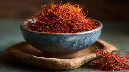 Saffron threads fill a rustic blue bowl, showcasing their rich crimson color and fine texture. The bowl sits on a natural surface, creating a warm and inviting scene.の素材