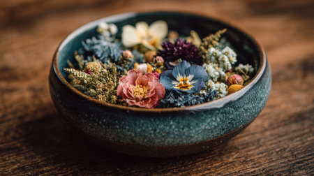 A decorative bowl is filled with an assortment of vibrant dried flowers. The bowl sits on a dark wooden table, showcasing the natural beauty of the floral arrangement.の素材