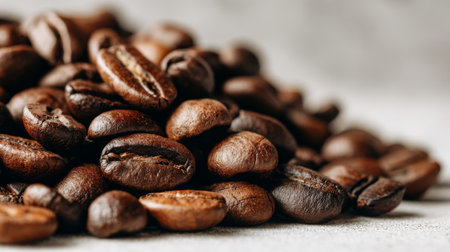 A close-up view of dark roasted coffee beans stacked over a light-colored surface. The rich brown tones and varying shapes highlight their freshness and quality. Perfect for coffee lovers.の素材