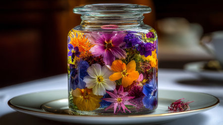 Brightly colored flowers fill a glass jar resting on a plate. Sunlight highlights the vivid hues, creating a warm and inviting atmosphere in a cozy indoor space.の素材