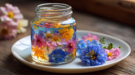 A glass jar filled with vibrant flowers in clear water is placed on a white plate. Soft sunlight illuminates the flowers, creating a cheerful atmosphere in a cozy setting.の素材