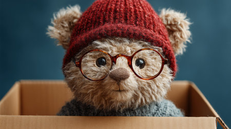 A friendly teddy bear with soft fur, wearing round glasses and a cozy red hat, is nestled in a cardboard box against a blue backdrop, radiating charm and warmth.の素材