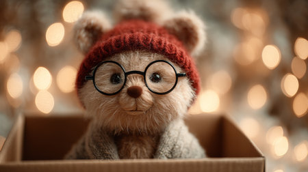 A cute teddy bear character wearing a red hat and glasses sits in a cardboard box. It is surrounded by soft glowing lights, creating a warm and cozy atmosphere during the holiday season.の素材