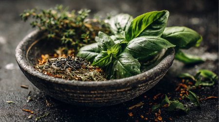 Fresh basil and thyme lay in a rustic bowl alongside an array of dried spices. This culinary scene captures the essence of cooking with natural flavors in a cozy kitchen setting.の素材