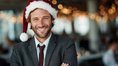 Smiling man in a Christmas hat celebrating the holiday in a festive office environmentの素材