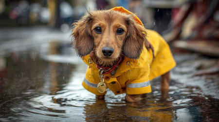 Cute dog in yellow raincoat stands in puddle on rainy day in urban areaの素材