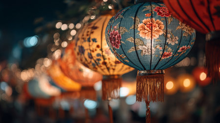 Colorful lanterns illuminate a festive night market with vibrant decorations and joyful atmosphereの素材