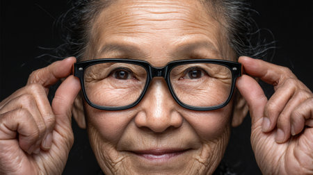 An elderly woman is smiling while adjusting her glasses in a close-up shot. Her cheerful expression highlights her life experience and inner joy in a simple yet profound moment.の素材