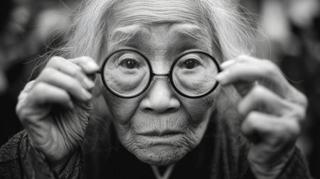 An elderly woman peers through her round glasses, looking directly at the viewer. Her face is full of wrinkles, revealing a life of experience. The portrait captures her wisdom and strength.の素材