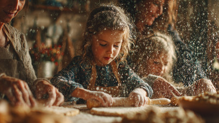 A young girl rolls out dough on a floured table while surrounded by adults. The warm kitchen is filled with sunlight and flour dust, creating a joyful baking atmosphere.の素材