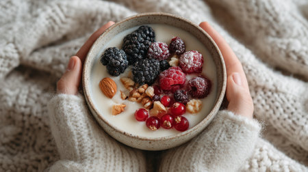 A pair of hands cradles a bowl filled with creamy yogurt, adorned with vibrant berries and crunchy nuts. The scene is set against a warm, knitted blanket, evoking comfort.の素材