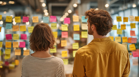 Two people stand in a bright office space, observing a wall filled with colorful sticky notes. They appear engaged in a brainstorming session, sharing ideas together.の素材