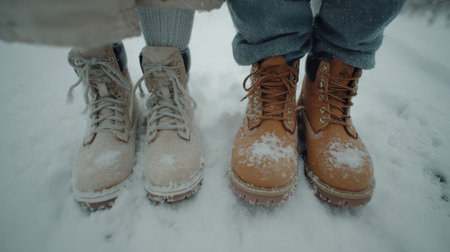 Two pairs of boots stand side by side in fresh snow. Soft white flakes cover the footwear, hinting at a fun winter outing. The serene landscape features glistening snow.の素材