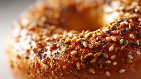 A delicious bagel with a golden-brown crust sits invitingly. Its surface is generously decorated with sesame and poppy seeds, making it an appealing choice for breakfast or a snack any time.の素材