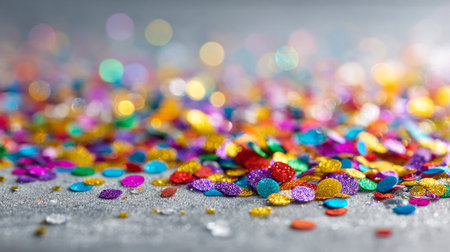 Bright and colorful glitter and confetti cover a smooth surface, shining and reflecting light. This festive scene is ideal for parties, celebrations, and creative projects.の素材