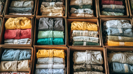 Neatly folded clothes in various colors are organized in boxes, making it easy to find outfits for the upcoming season. This display showcases an efficient storage method.の素材