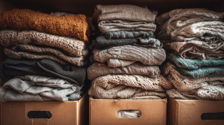Soft sweaters and cardigans are arranged in neat stacks inside cardboard boxes on a wooden shelf. The colors range from warm tones to neutral shades, showcasing an organized collection.の素材