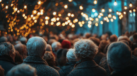 A large crowd of individuals gathers under glowing lights, creating a warm atmosphere during an evening celebration in a lively urban location. The scene is filled with joy and anticipation.の素材
