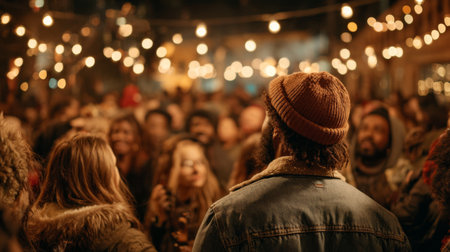 A vibrant outdoor event is taking place at night, filled with people enjoying themselves under warm string lights. The crowd is cheerful, creating a festive atmosphere.の素材