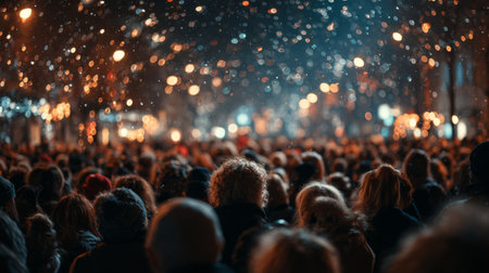 A large crowd gathers in an urban area during the night, surrounded by bright festive lights and a magical winter ambiance. People cheer and enjoy the celebration together.の素材