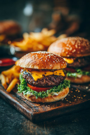 Two tasty cheeseburgers are artfully arranged on a wooden board. Each burger features a juicy beef patty, melted cheese, fresh lettuce, and ripe tomato, accompanied by crispy fries.の素材