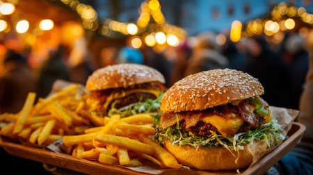 Juicy burgers topped with cheese and crispy bacon are placed on a wooden tray next to golden fries. The festive atmosphere is enhanced by twinkling lights and a lively crowd.の素材