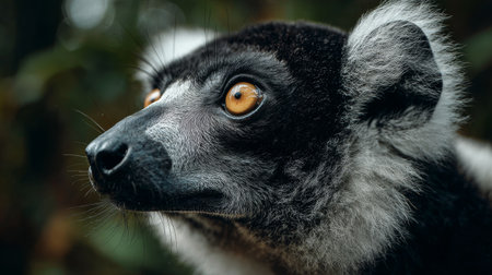 A curious lemur turns its head, observing its surroundings in a vibrant Madagascar forest. Sunlight filters through the trees, highlighting its striking features and warm colors.の素材